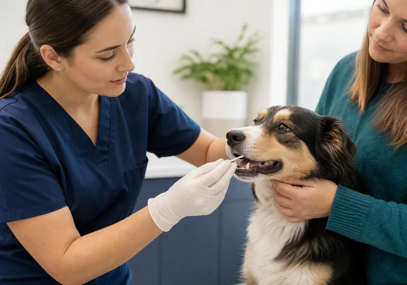 Veterinaria tomando una muestra bucal a un perro durante un estudio diagnóstico