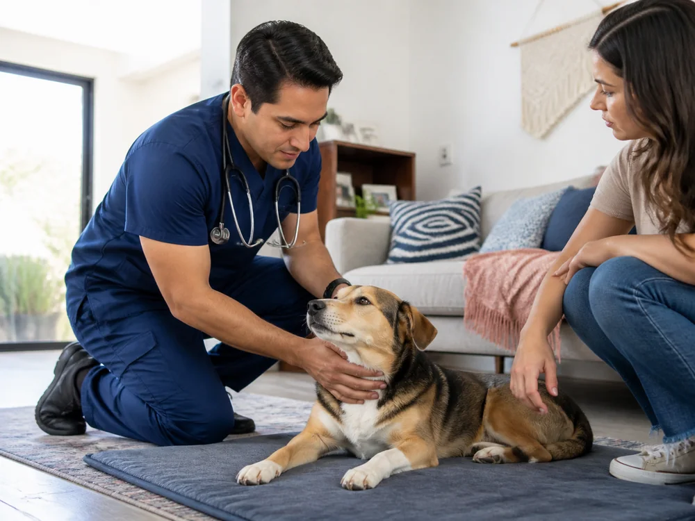 Veterinario atendiendo a un perro durante una visita a domicilio